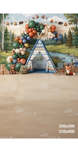 Tło fotograficzne „Leśna przygoda – tipi z balonową girlandą” | 4066